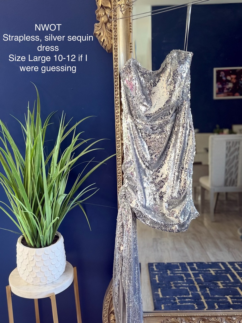 Fashion Nova Silver Sequin Strapless Draped Dress